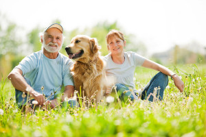 Beautiful elderly couple enjoying in the nature with their dog.